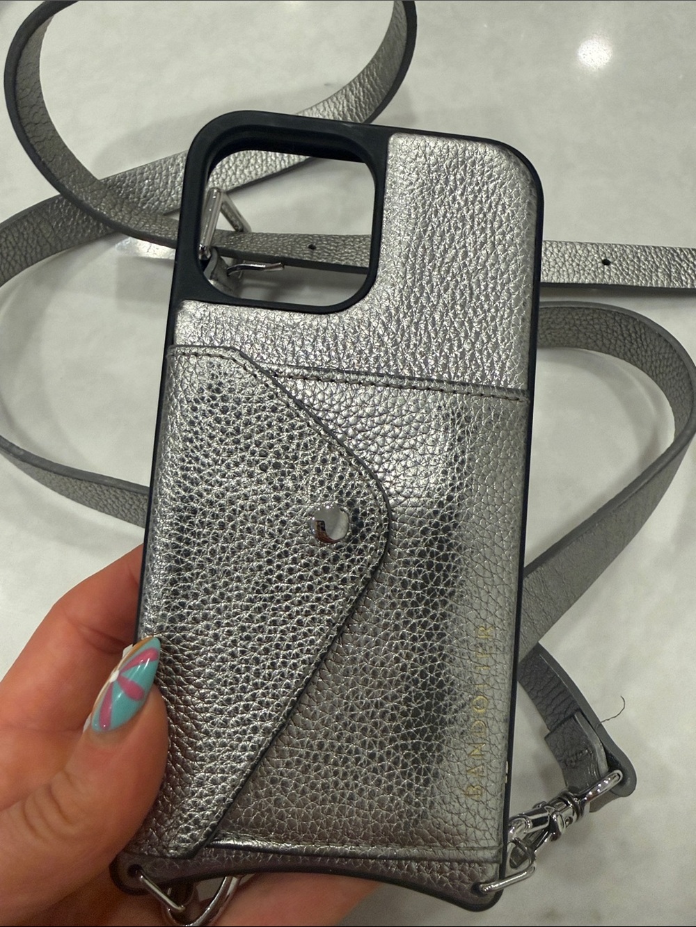 Bandolier Metallic Silver Pebbled Crossbody Phone Wallet iPhone 13 Pro Max - Picture 3 of 7